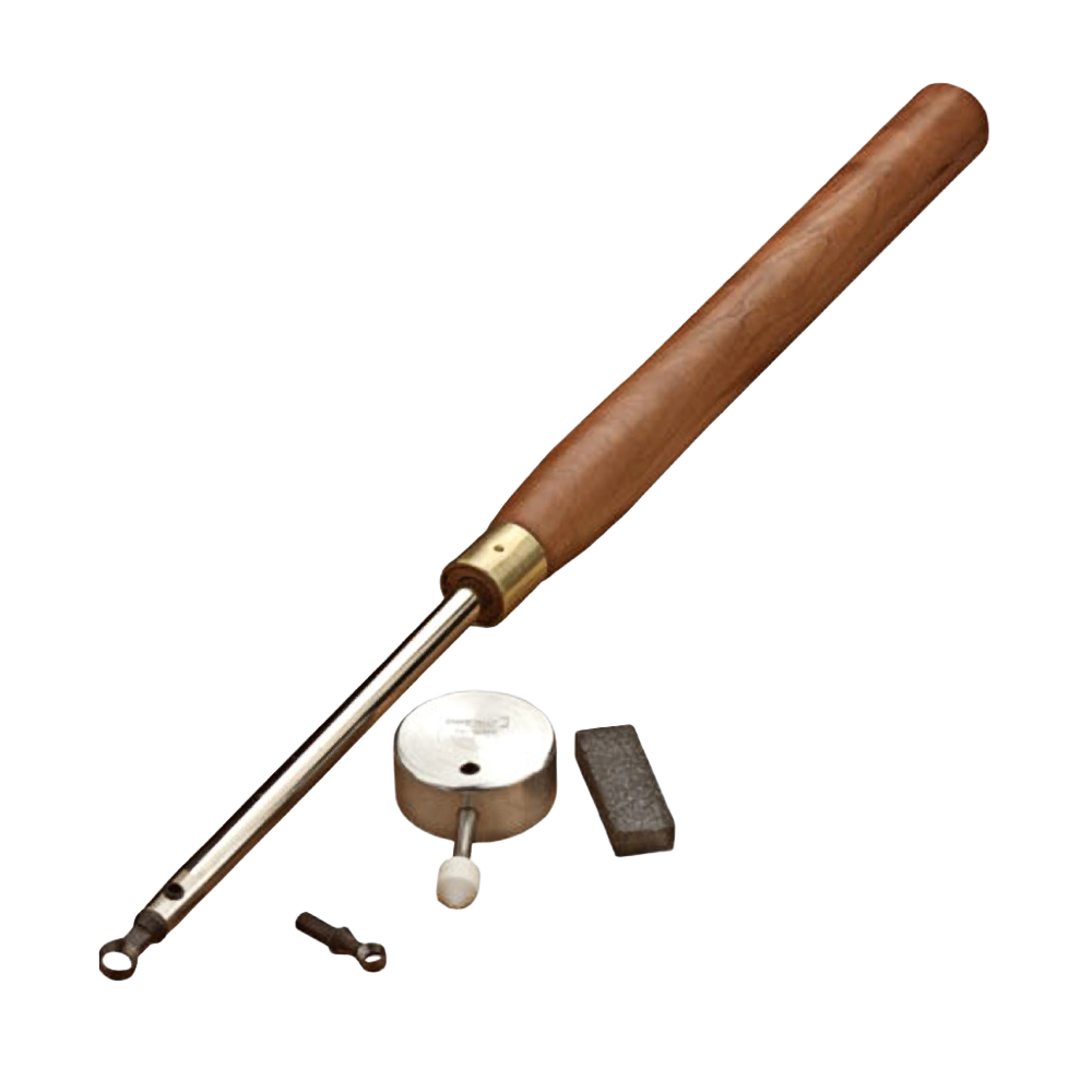 Woodworking tool with wooden handle and metal end grain hollowing components for precision wood shaping tasks.