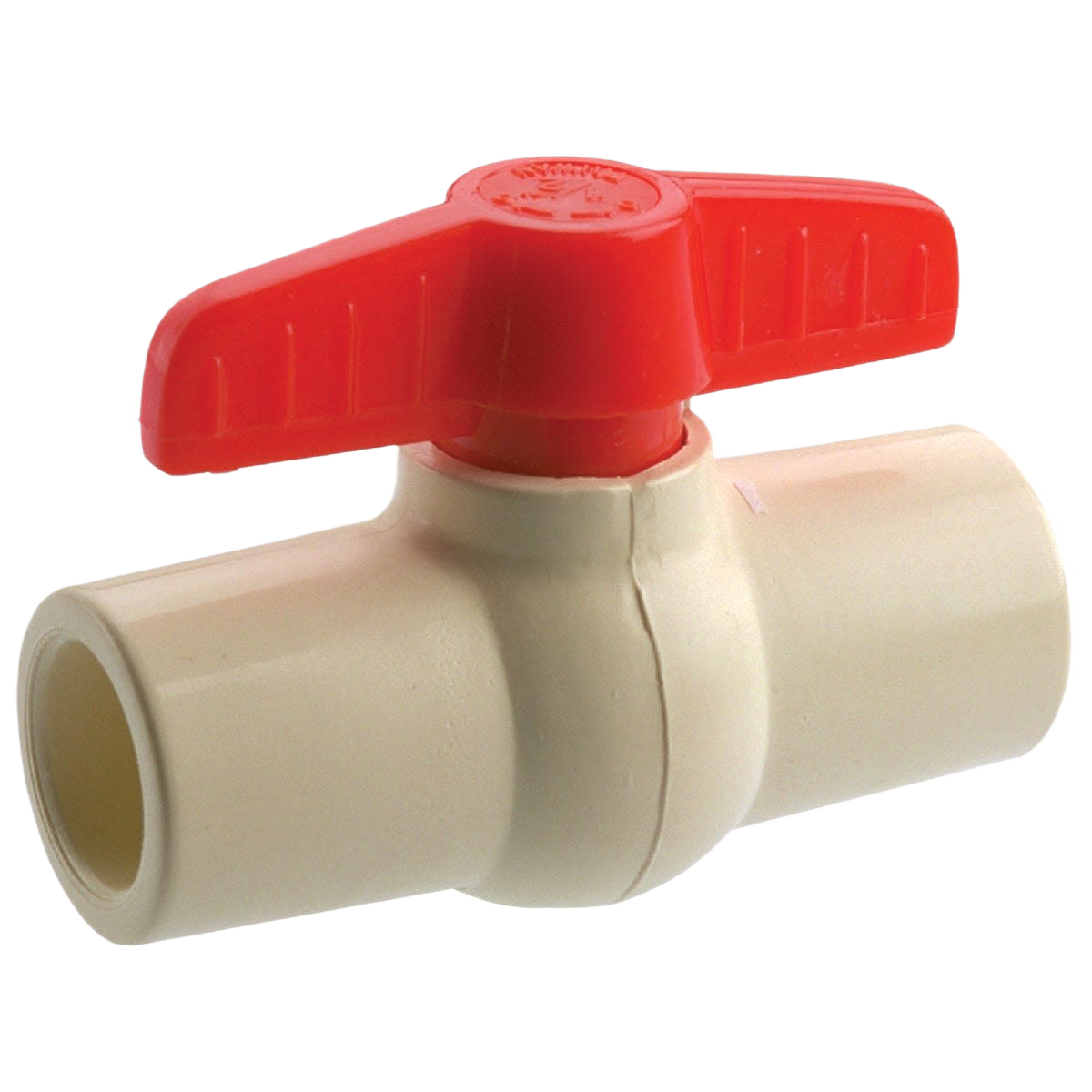 White CPVC ball valve with red quarter-turn handle for plumbing and water control in home improvement tools collection