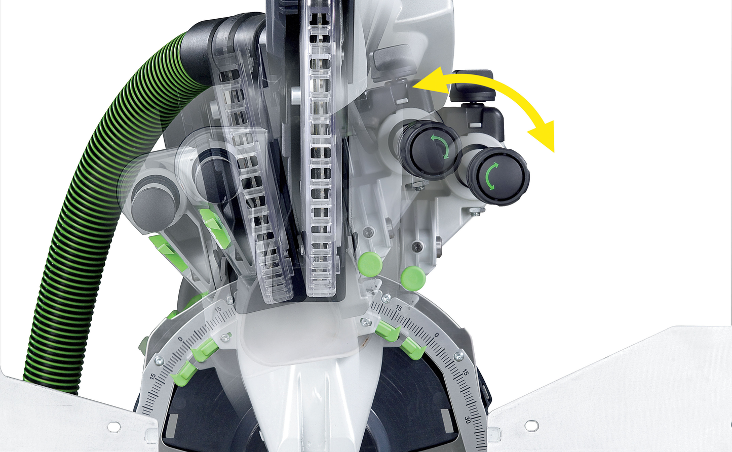 Close-up of sliding compound miter saw mechanism highlighting adjustable cutting angles for precision woodworking in Festool saws collection