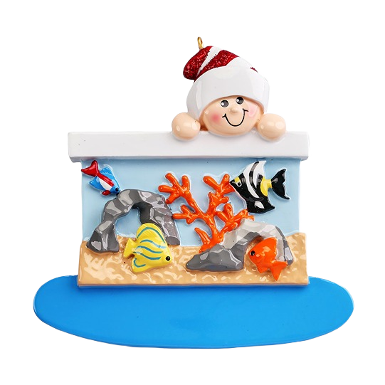 Cheerful figurine peeking over colorful fish tank ornament for Christmas Ornaments & Tree Decorations under $50 collection