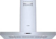Stainless steel island range hood with digital controls and halogen lighting in Bosch and kitchen appliances collections