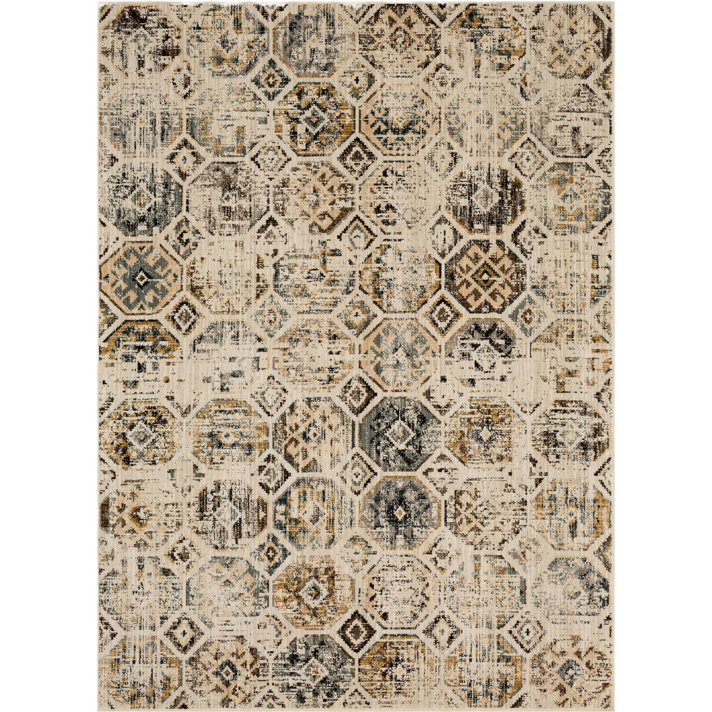 Beige rug with distressed geometric and medallion motifs in muted blue, brown, and cream tones for home improvement.