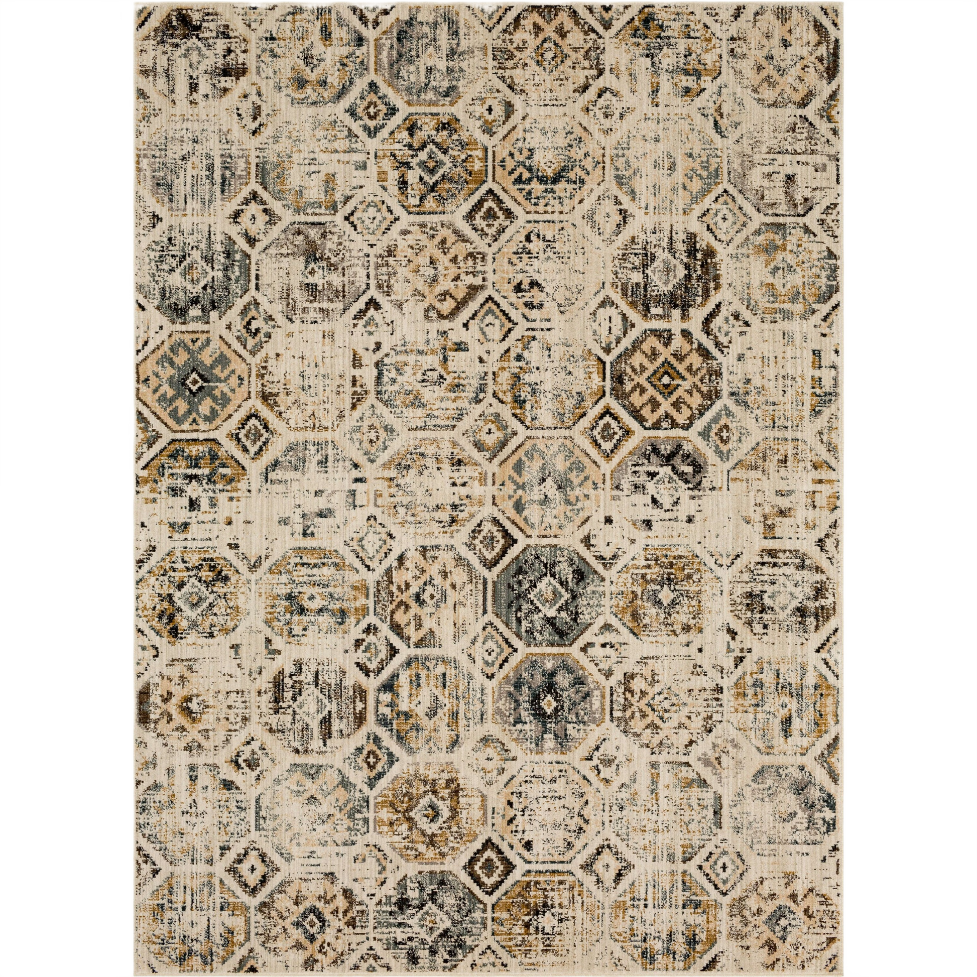 Beige rug with distressed geometric and medallion motifs in muted blue, brown, and cream tones for home improvement.
