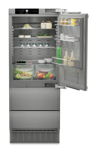 Built-in refrigerator with right hinge, ice maker, adjustable shelves, clear drawers, and spacious interior in kitchen appliances collection