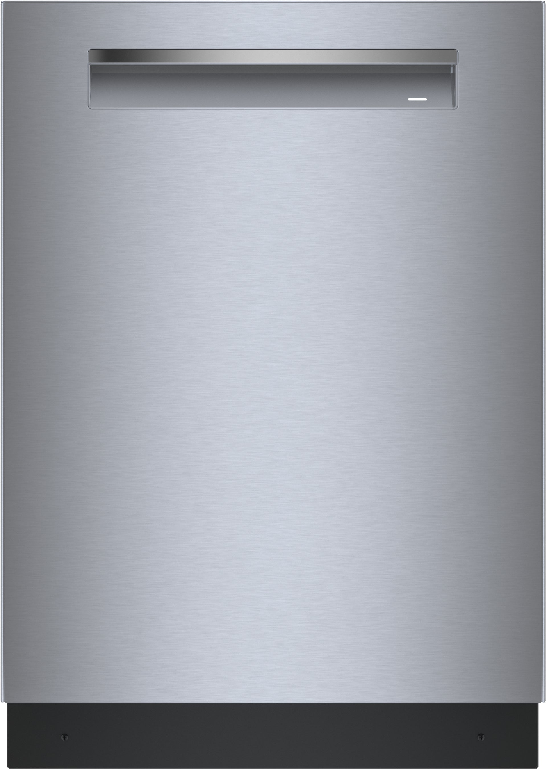 Front view of a stainless steel anti-fingerprint dishwasher with integrated handle in modern kitchen appliances collection