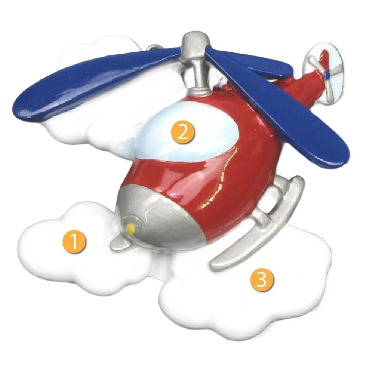 Red and blue helicopter holiday ornament flying among white cloud decorations for Christmas tree display