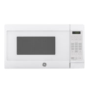 White countertop microwave with digital control panel, suitable for kitchenware and appliances collections.