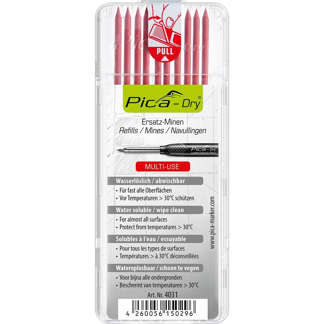 Pack of ten red dry refill leads in clear plastic case for measuring and woodworking hand tools collections