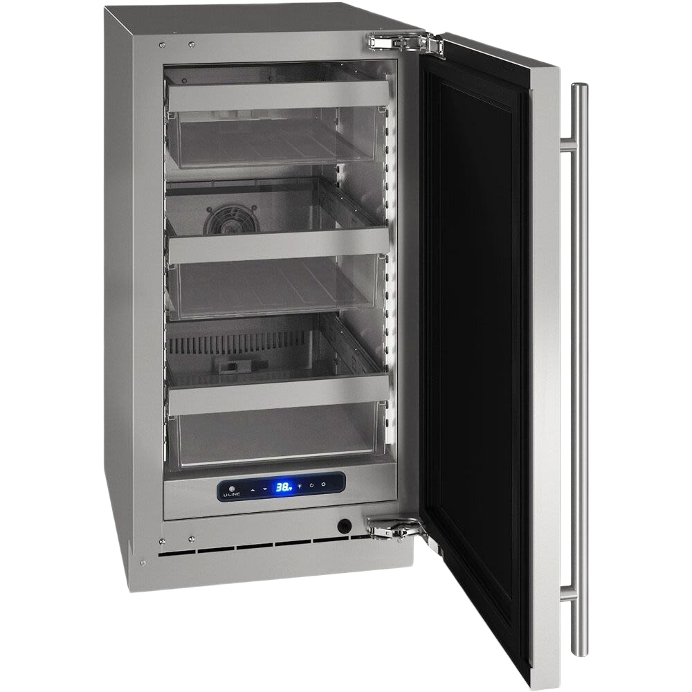 18-inch stainless steel refrigerator with reversible hinge, digital temperature control, and adjustable shelves in kitchen appliances