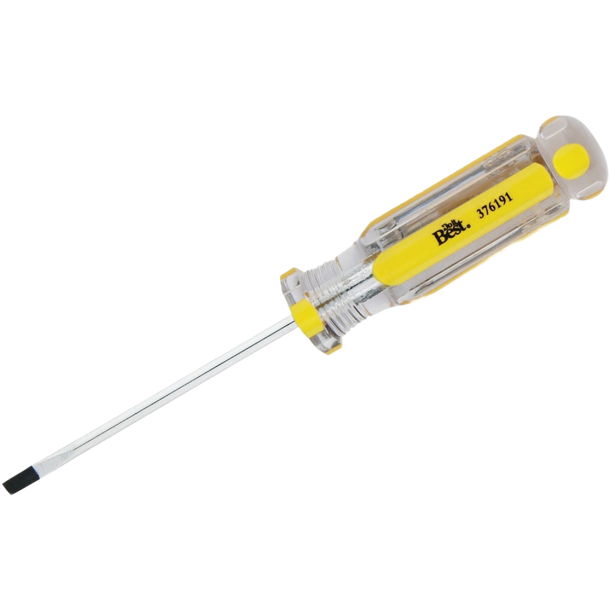Clear handle slotted screwdriver with yellow accents and metal blade for tools and home improvement use