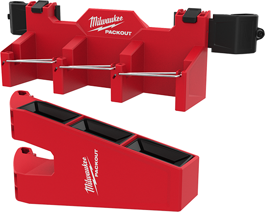 Red Milwaukee PACKOUT™ long tool holder attachment with multiple compartments for jobsite and workshop organization