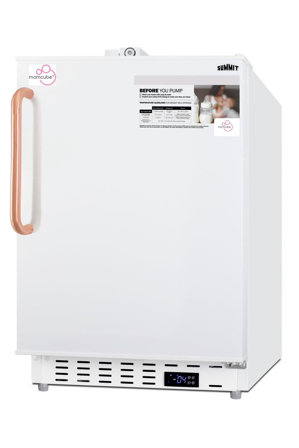 White built-in freezer with digital temperature display and copper-toned handle for kitchen and home appliance use