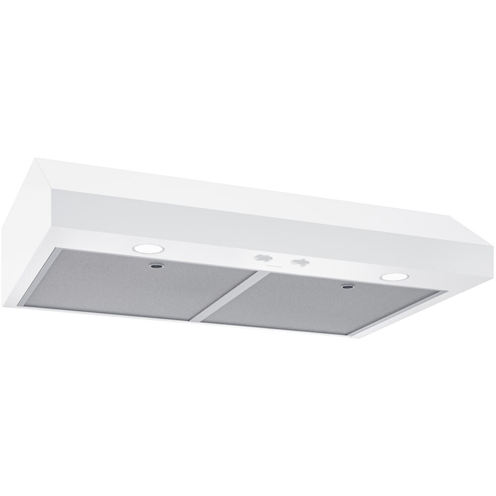 White under-cabinet range hood with dual filters, two-speed control, and built-in lighting for kitchen ventilation and improvement