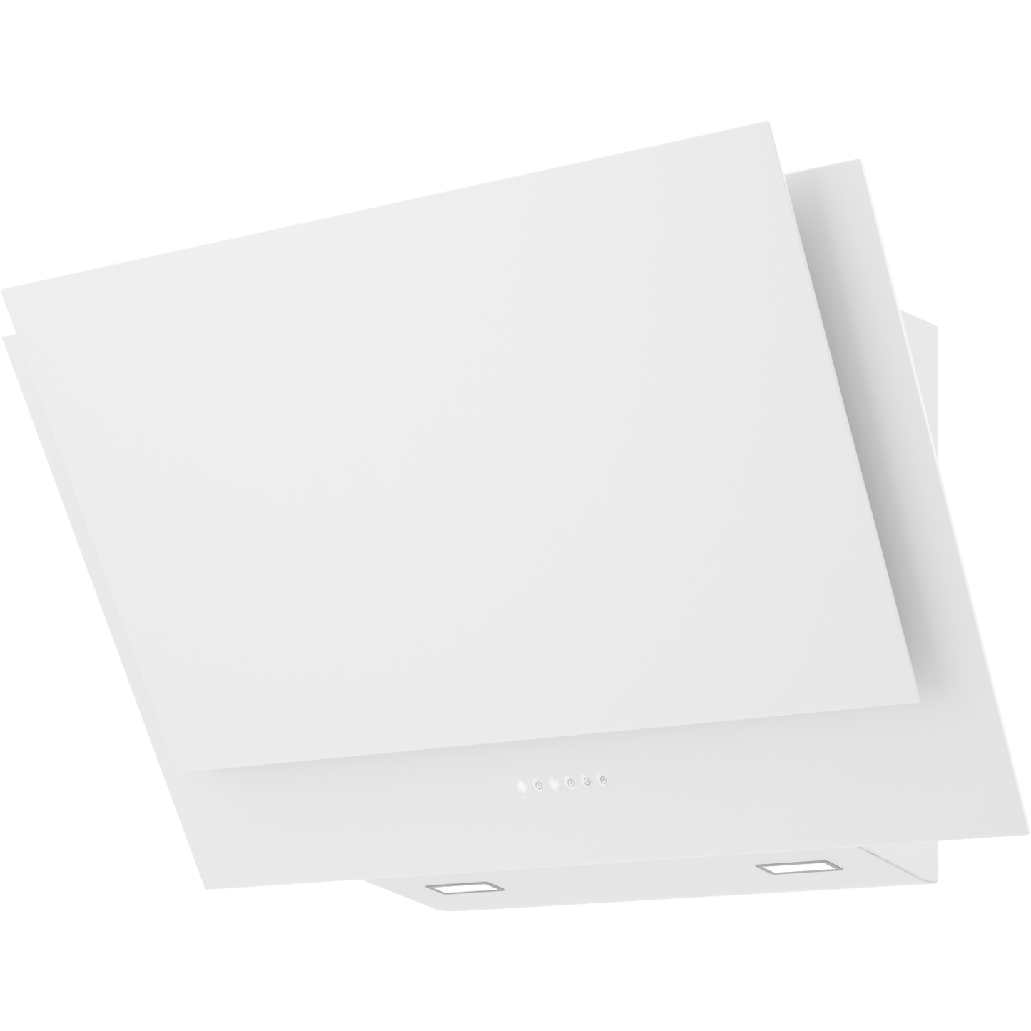 White wall mount range hood with capacitive touch controls and modern angular design for kitchen appliances and home improvement