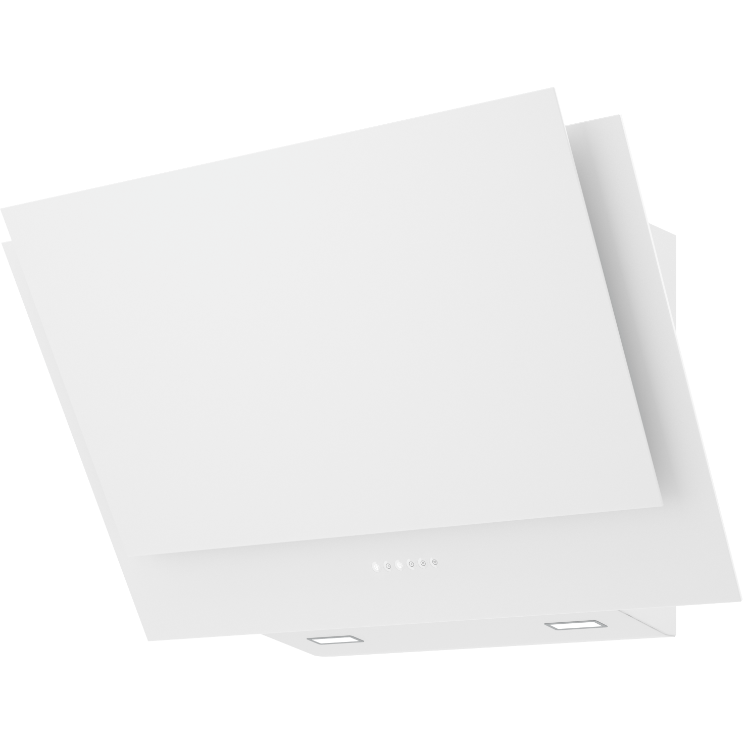 White wall mount range hood with capacitive touch controls and modern angular design for kitchen appliances and home improvement