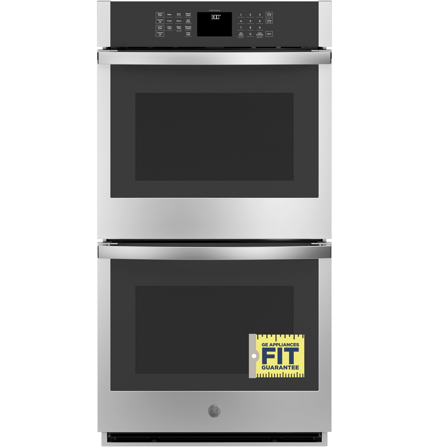 Stainless steel double wall oven with digital control panel and two large oven windows for modern kitchen appliances