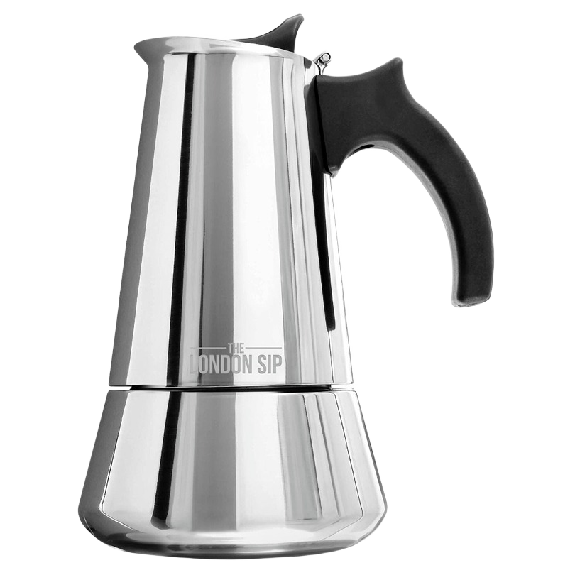 Stainless steel stovetop espresso maker with black ergonomic handle for coffee makers and small kitchen appliances collections