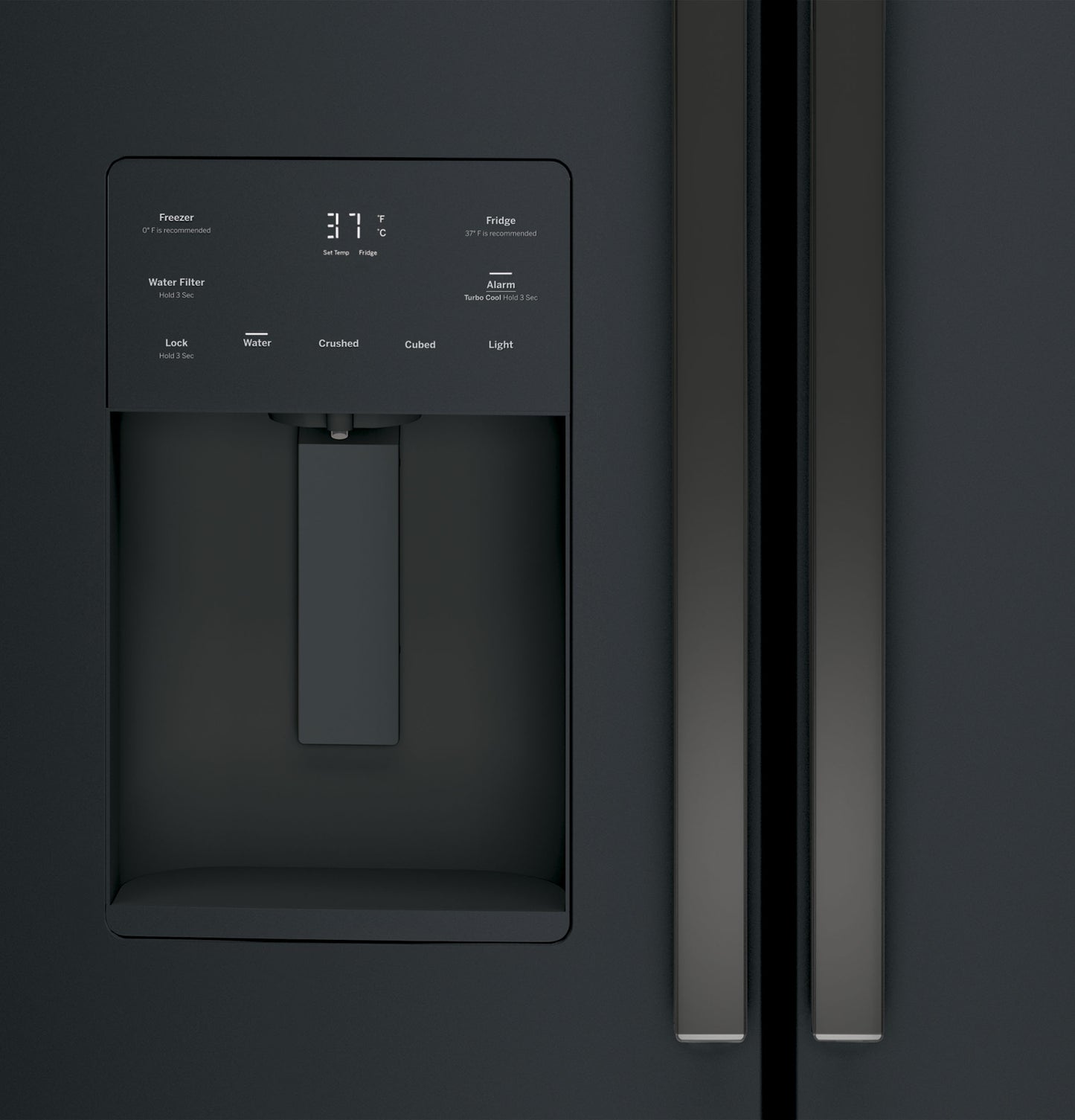 Close-up of black French-door refrigerator water dispenser with digital control panel and stainless steel handles