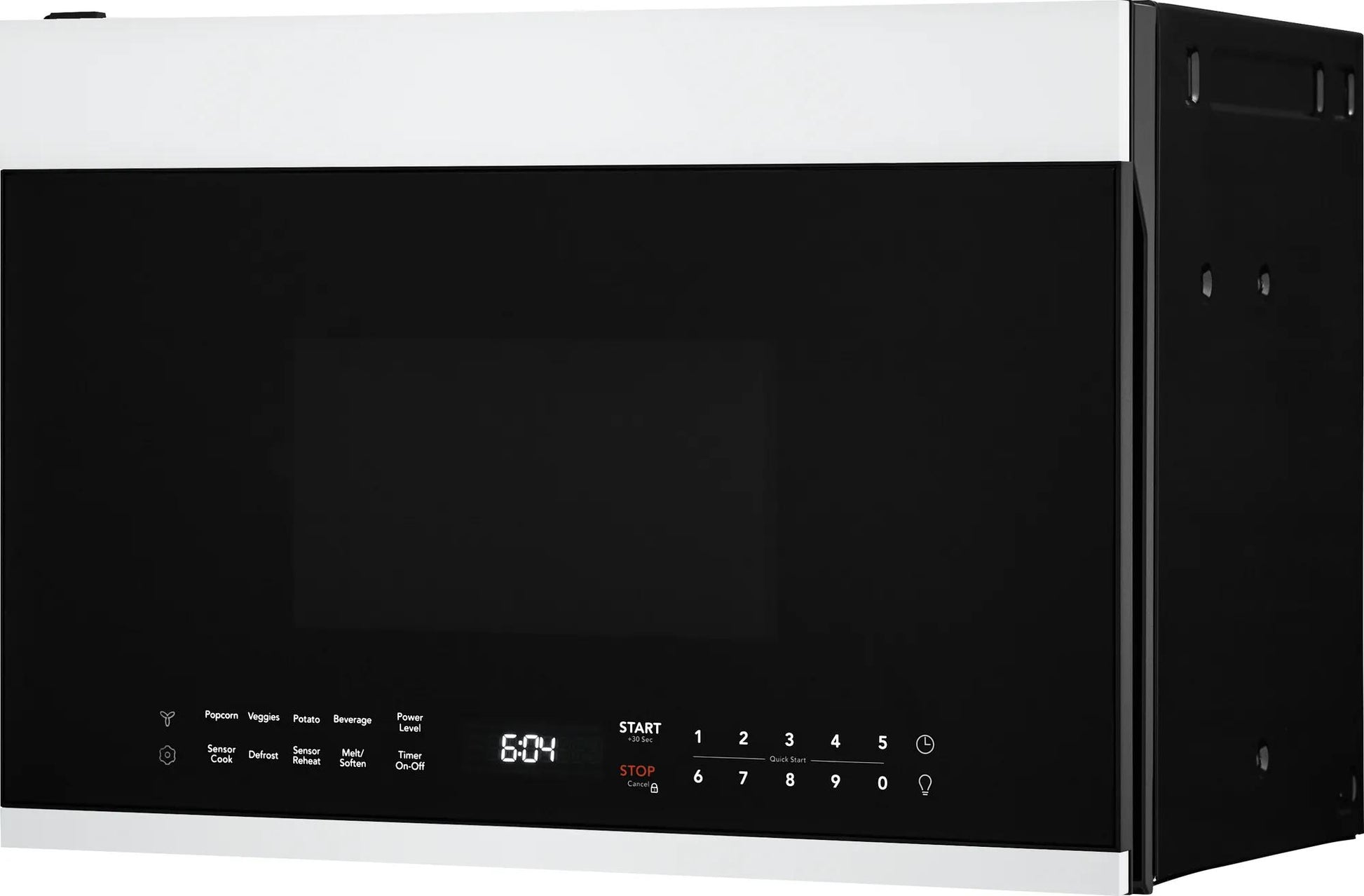 Compact over-the-range microwave with black glass front, digital control panel, and white trim for kitchen appliances collection