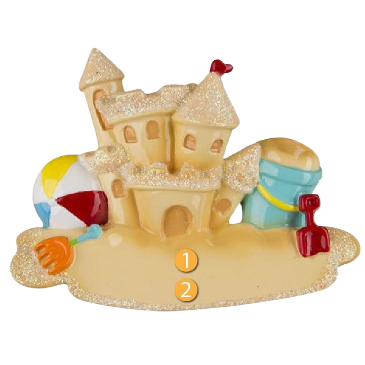 Glittering sandcastle ornament with colorful beach ball, blue bucket, and red shovel for Christmas decorations under $50 collection