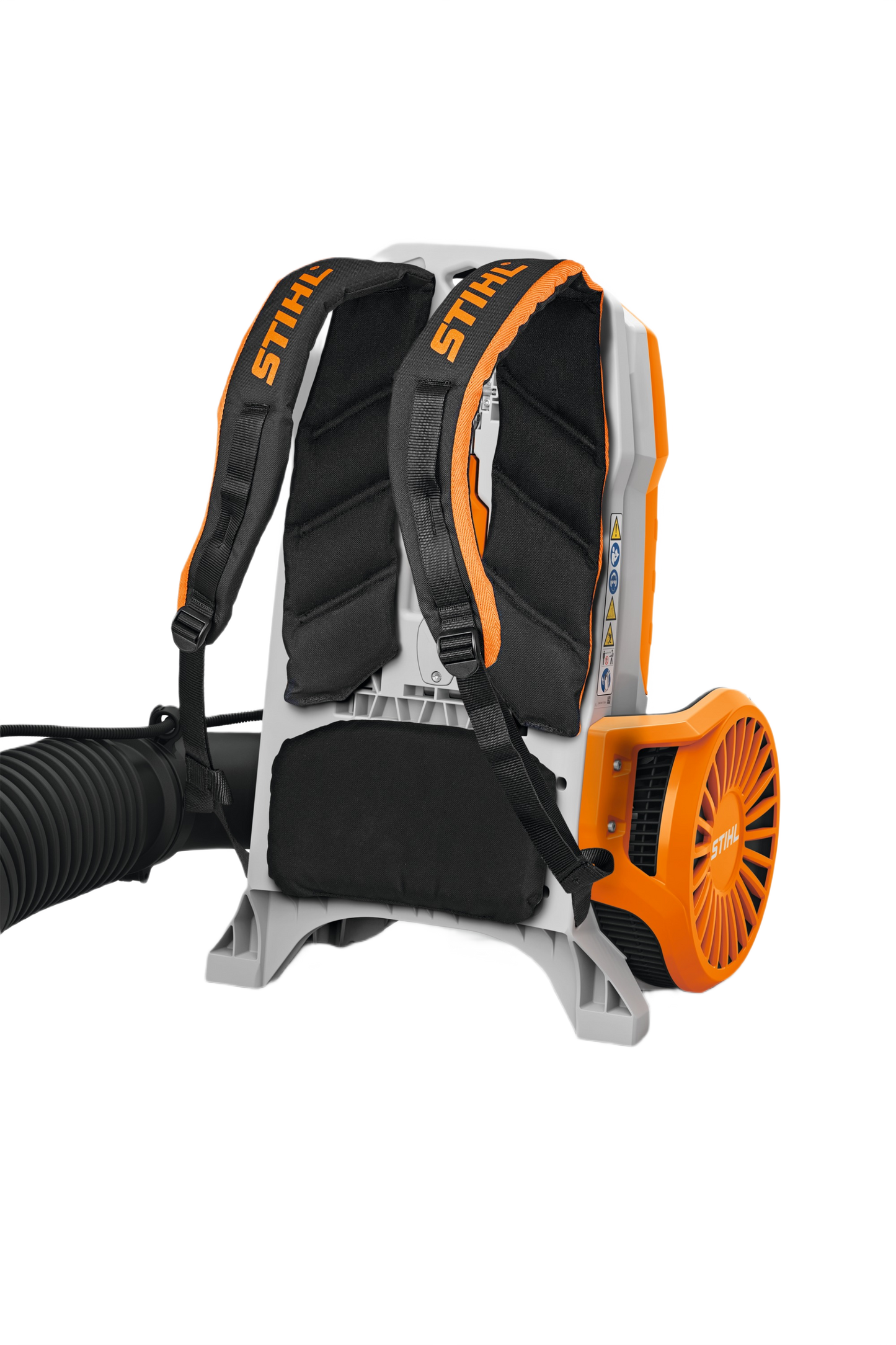 Backpack-style battery blower with padded straps and bright orange air intake for outdoor home improvement use