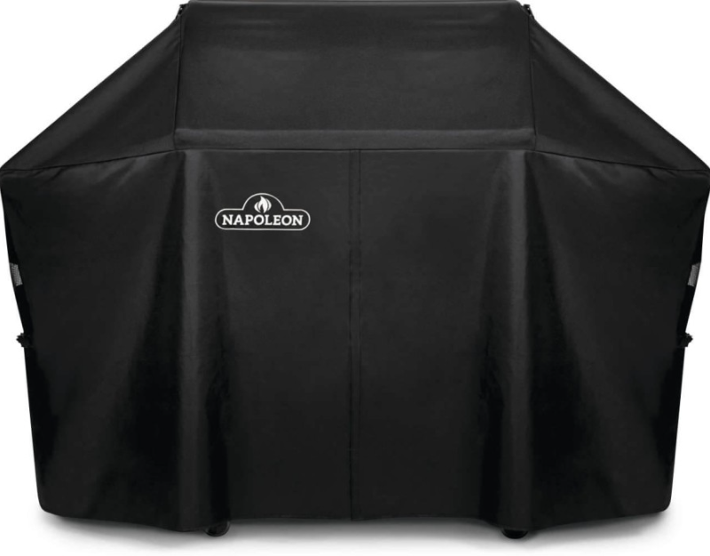 Black durable, water-resistant grill cover with logo, designed to protect large gas grills, ideal for outdoor living and grilling accessories.