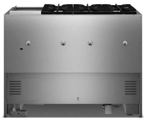 Rear view of stainless steel 48-inch dual fuel range with six burners and electric griddle in KitchenAid ranges collection