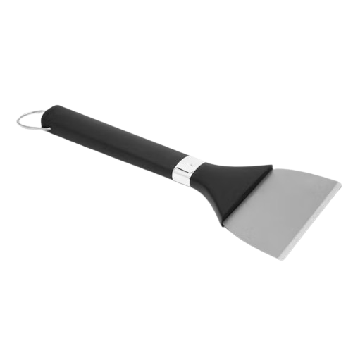 Metal scraping tool with black handle for grill and outdoor cooking surface maintenance tools collection