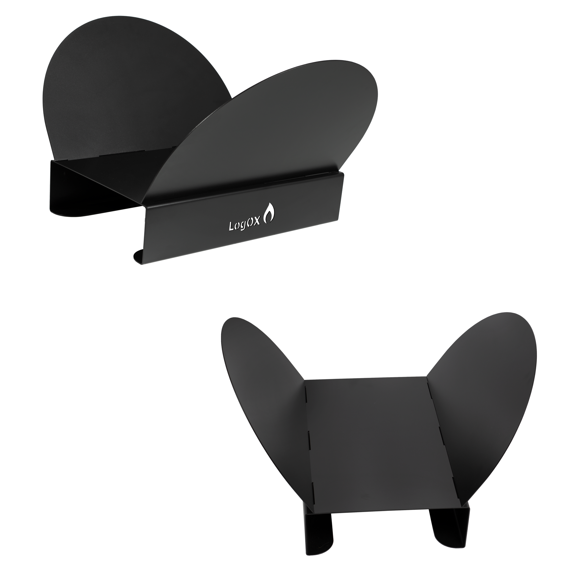 Black metal firewood rack base with curved side panels for stable, efficient hearth wood storage and organization