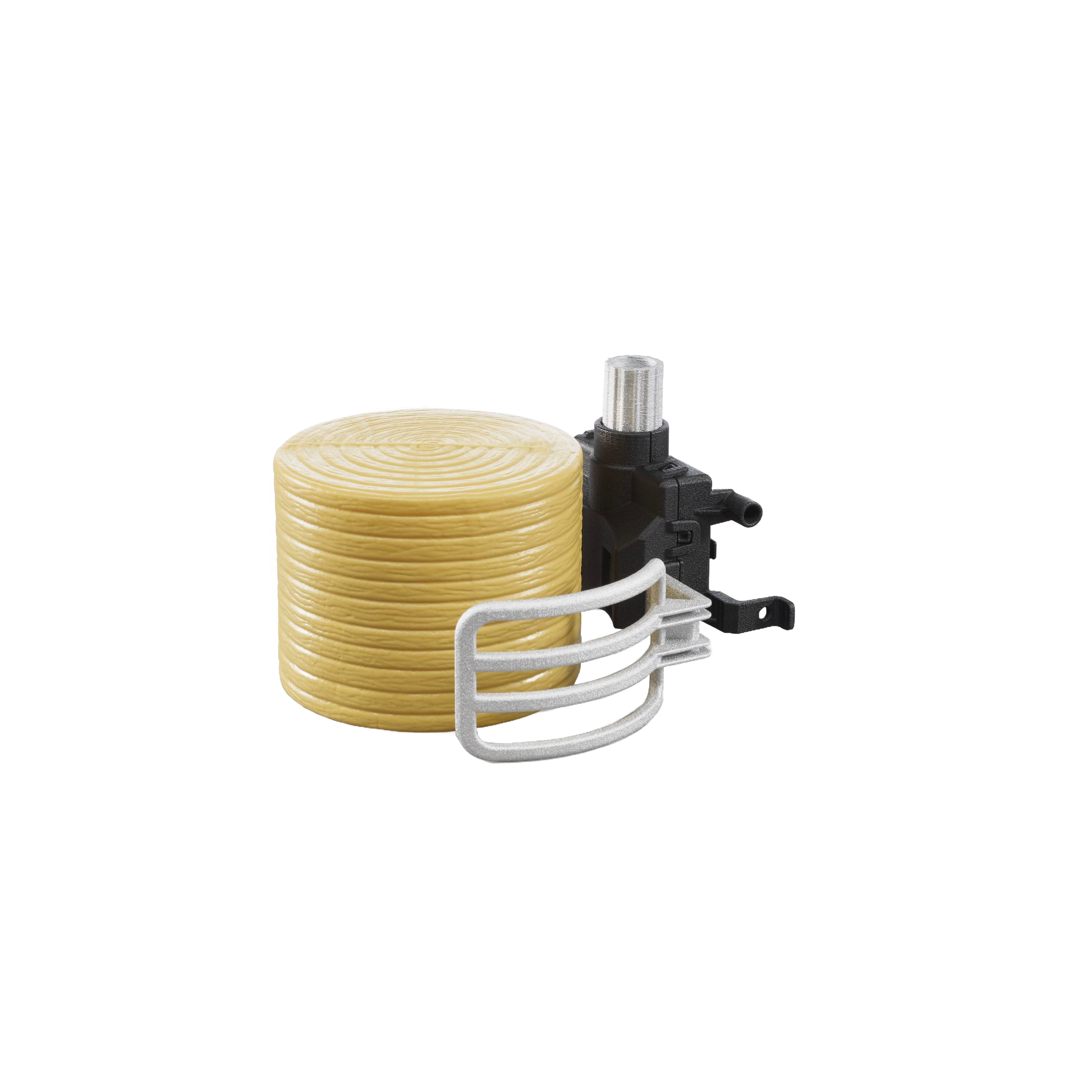 Black and silver bale gripper toy holding one yellow round bale from Bruder Toys and Vehicles & Remote Controlled Toys collection