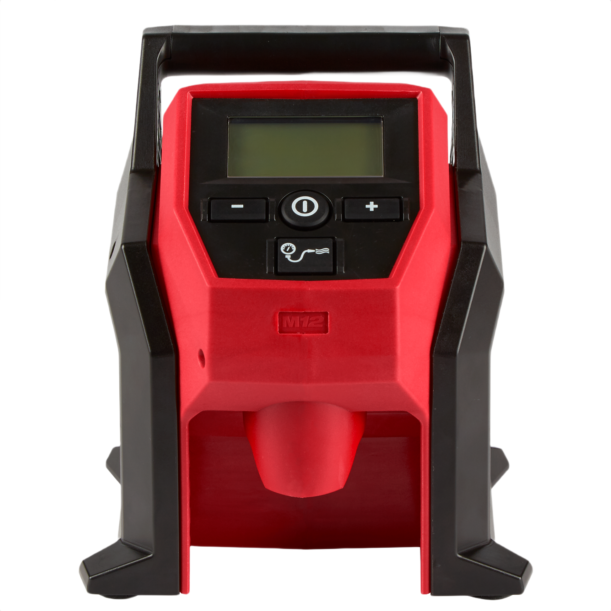 Red and black compact inflator with digital display and control buttons for efficient tire inflation in air tools collection