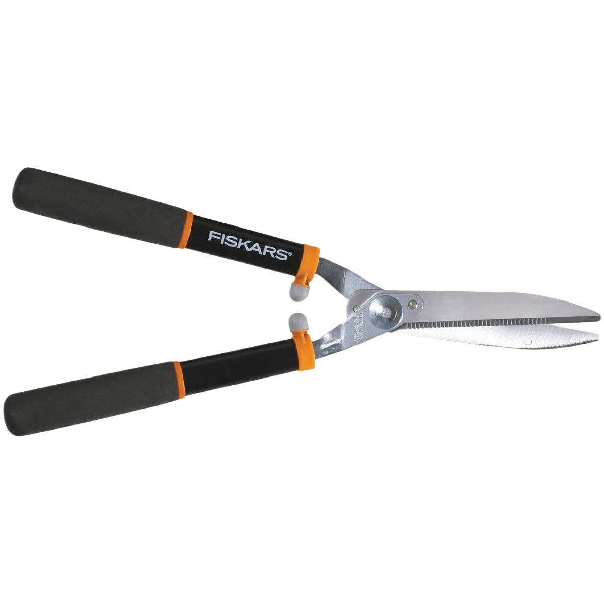 Black-handled Fiskars steel hedge shear with serrated blades for precise trimming in gardening and home improvement tasks