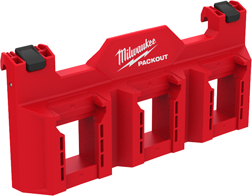 Red Milwaukee PACKOUT battery rack attachment for organized tool storage and easy access in workshop and jobsite setups