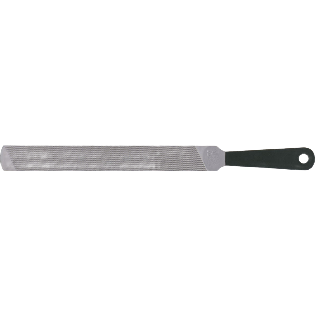 Long narrow metal file with black handle designed for precision filing in home improvement projects