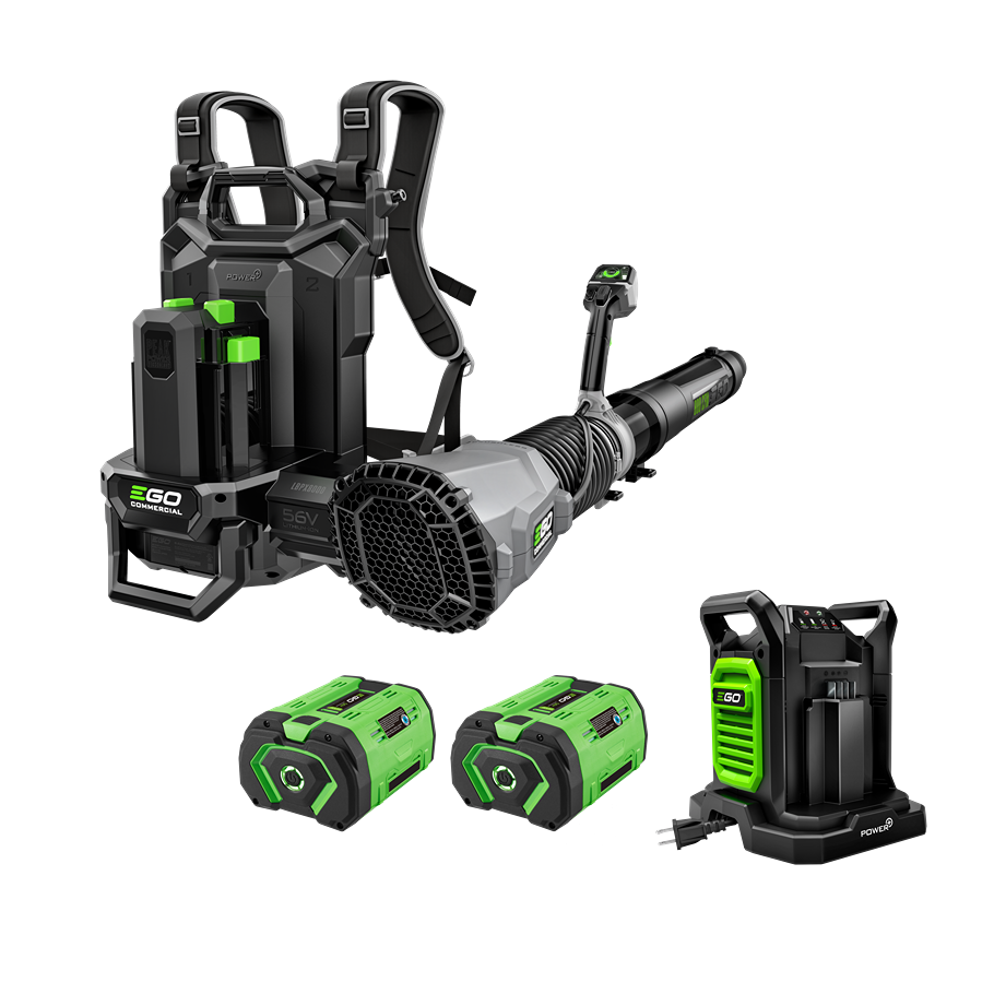 Commercial backpack blower with padded straps, two rechargeable green batteries, and a charger for home improvement tools.