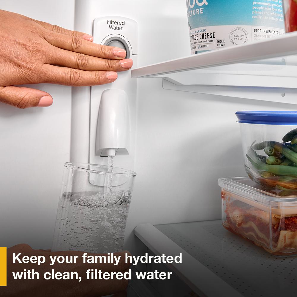 Hand pressing filtered water dispenser inside refrigerator with clear container filling in Refrigerators collection