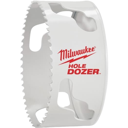 White bi-metal hole saw with sharp teeth and Milwaukee HOLE DOZER branding in woodworking tools under $50 collections