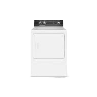 Front view of white gas dryer with black control panel and two knobs from dryers and gas dryers collections