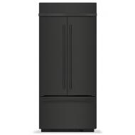 Built-in black French door bottom mount refrigerator with sleek vertical handles in KitchenAid appliance collection