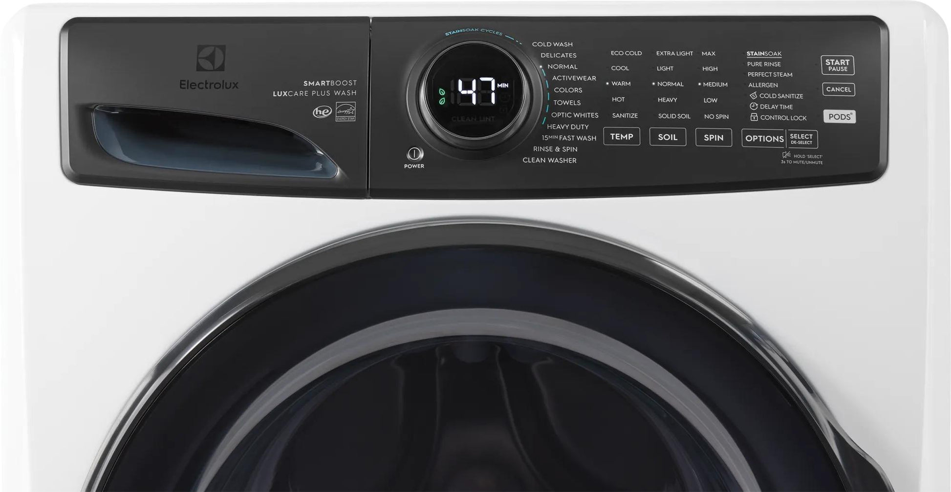 Front load washer with digital control knob, multiple cycle options, and a sleek white finish for modern laundry rooms
