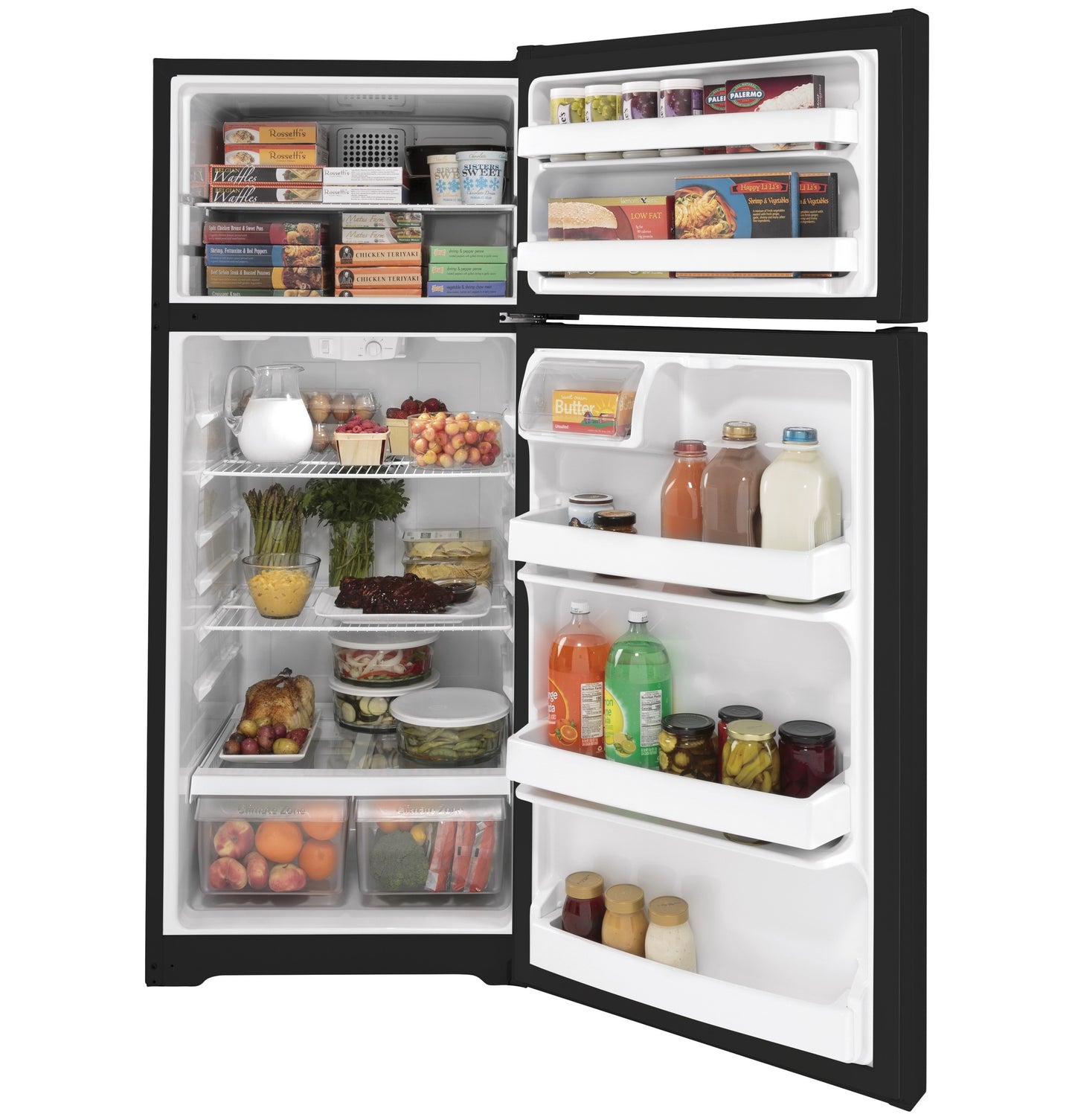 Open black top-freezer refrigerator filled with fresh produce, beverages, and frozen foods from kitchen appliances collection