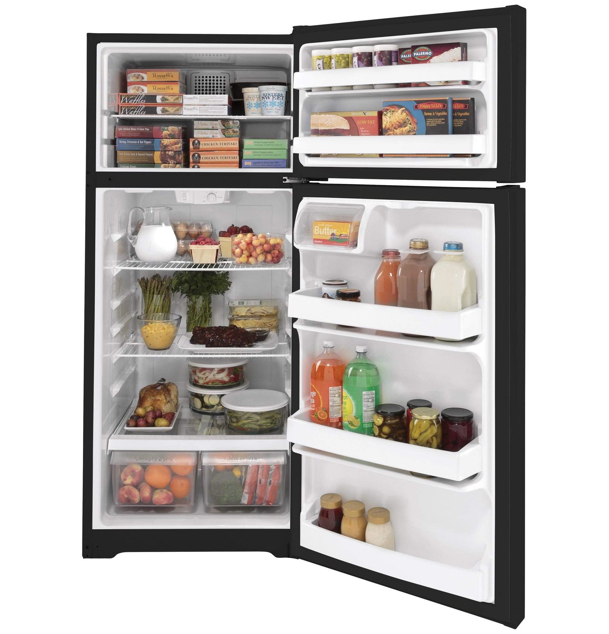 Open black top-freezer refrigerator filled with fresh produce, beverages, and frozen foods from kitchen appliances collection
