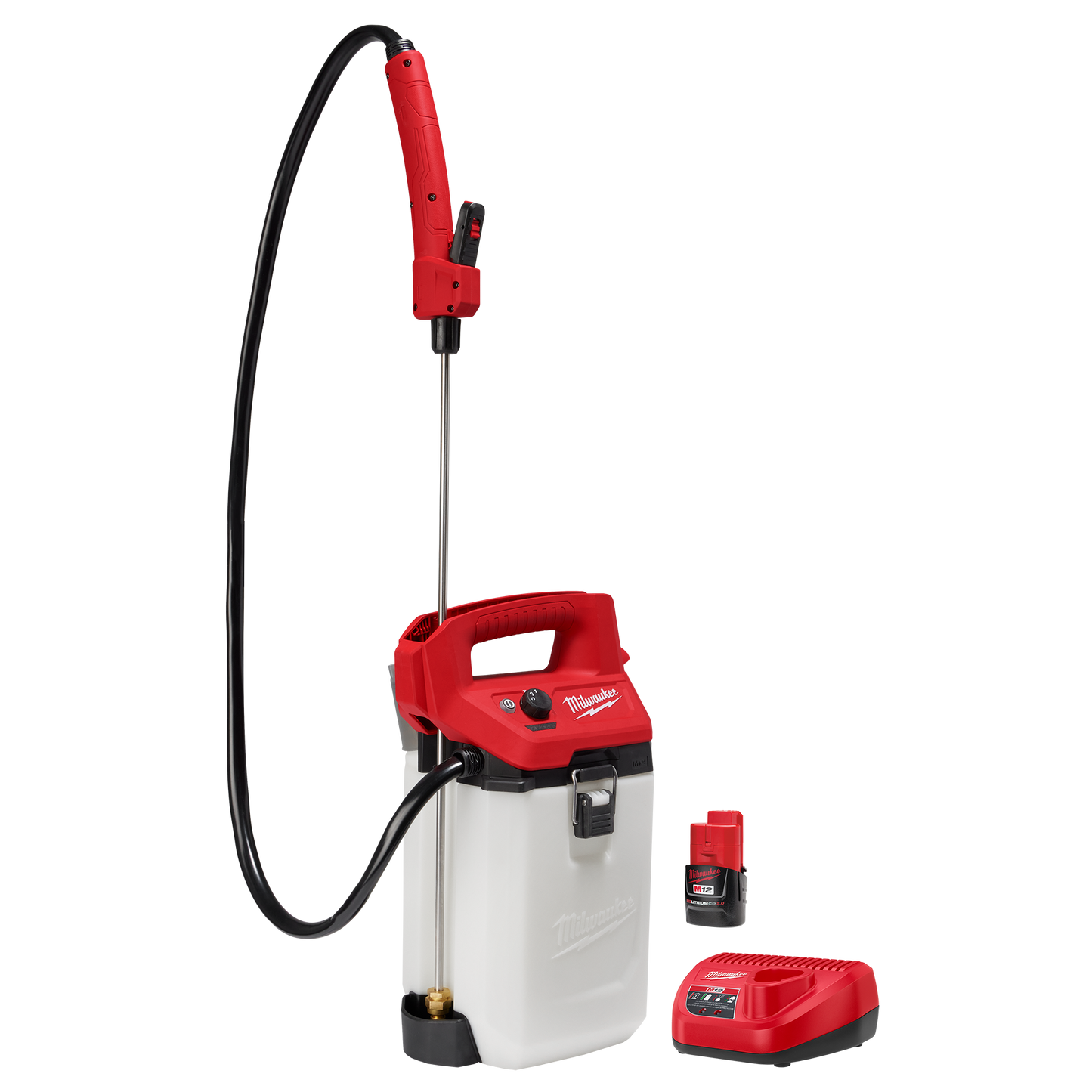 Cordless handheld sprayer kit with red and white tank, black hose, and battery charger for home improvement tasks