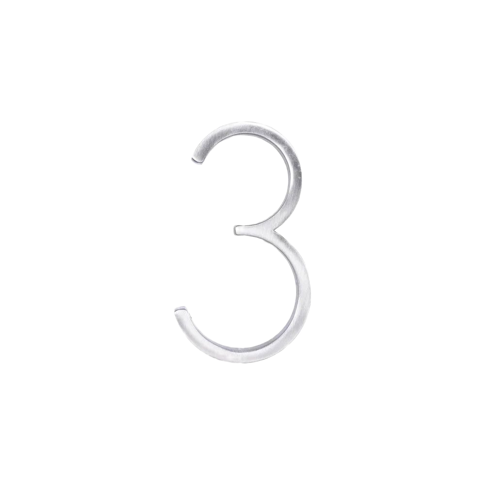 Nickel finish zinc house number 3 with floating mount design for outdoor signs and home improvement projects.