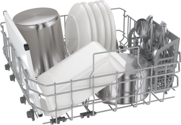 Lower rack of dishwasher loaded with plates, pots, and utensils, from Bosch kitchen and dishwasher appliance collection