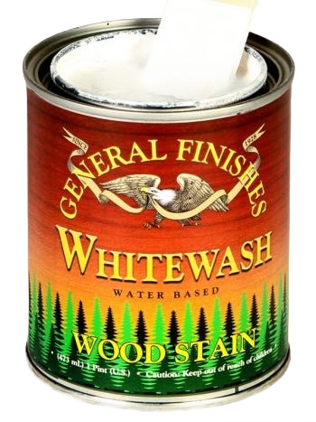 Open can of General Finishes whitewash water based wood stain with wooden stir stick in under $50 wood finishing products category