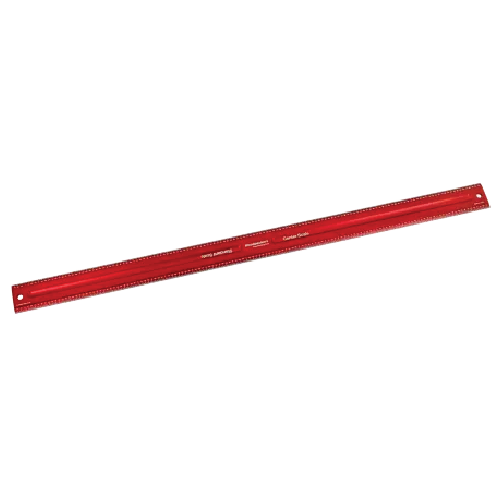 Red anodized aluminum woodworking rule with precision markings for measuring in hand and woodworking tool collections
