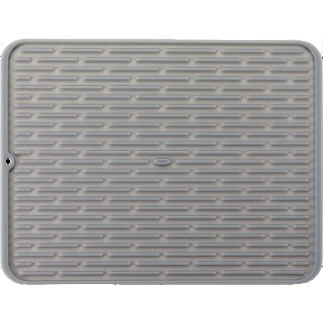 Large gray silicone drying mat with ribbed surface for kitchenware and sink organization under $50 collection