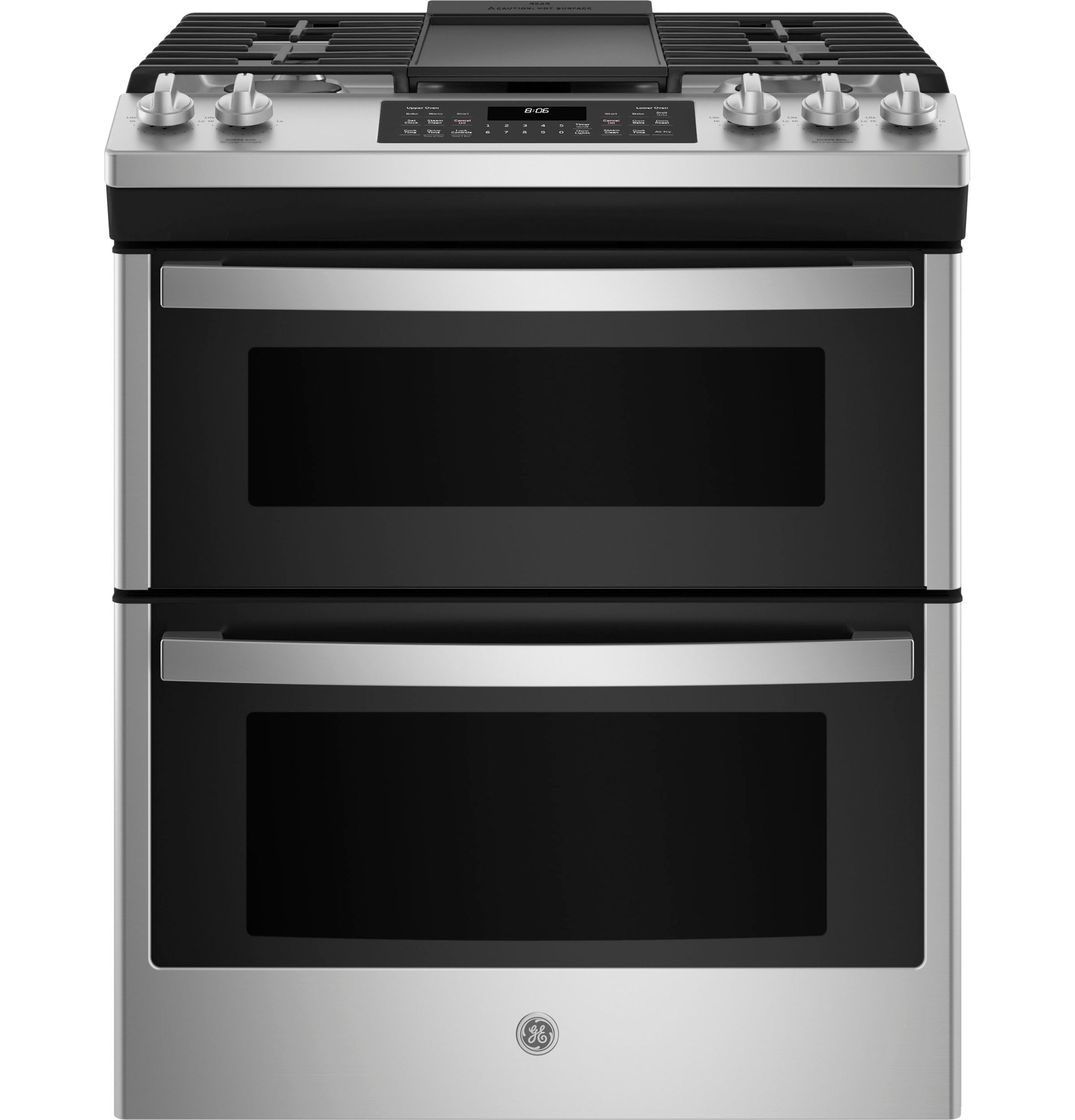 Stainless steel slide-in gas range with front controls, double ovens, and five burners for kitchen and appliances collections