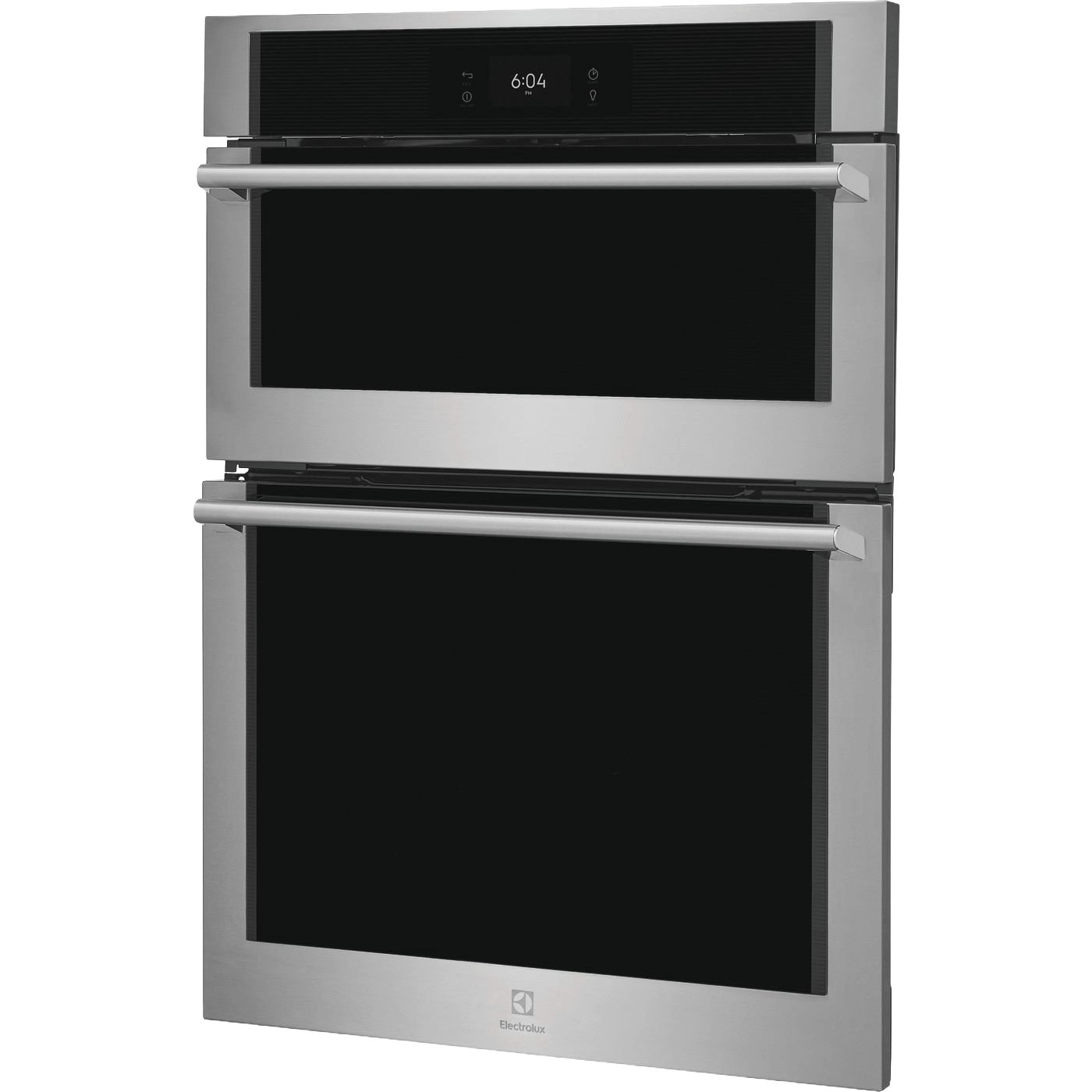 Sleek stainless steel wall oven and microwave combo with digital touchscreen display in modern kitchen appliances collection